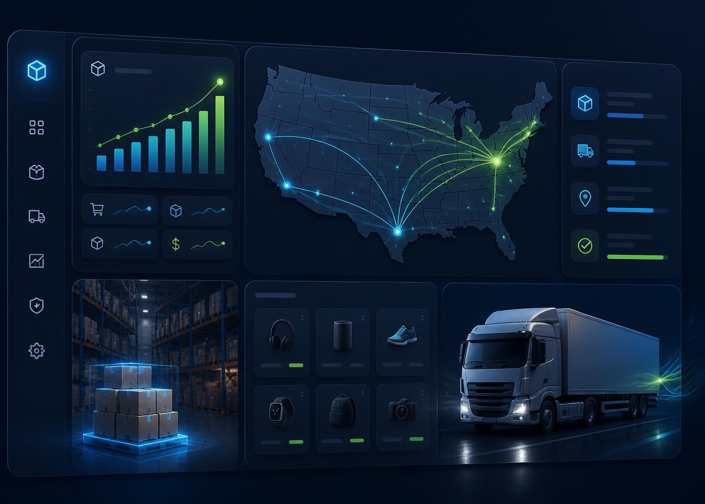 Anik Shop warehouse dashboard showing US shipping routes, live order analytics, and same-day fulfillment